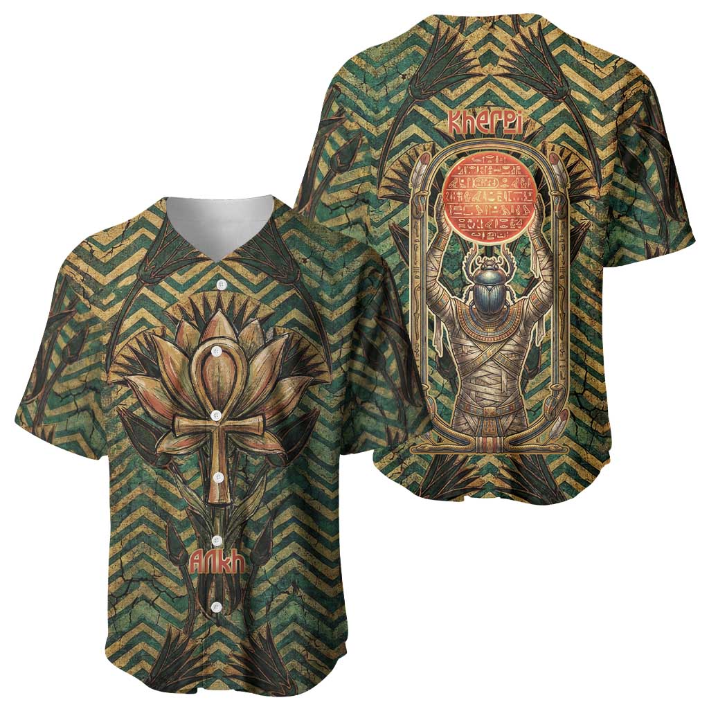 Khepri Baseball Jersey Ancient Egyptian Chevron, Scarab Ankh and Winged Khepri Guardian Motif - African Pride
