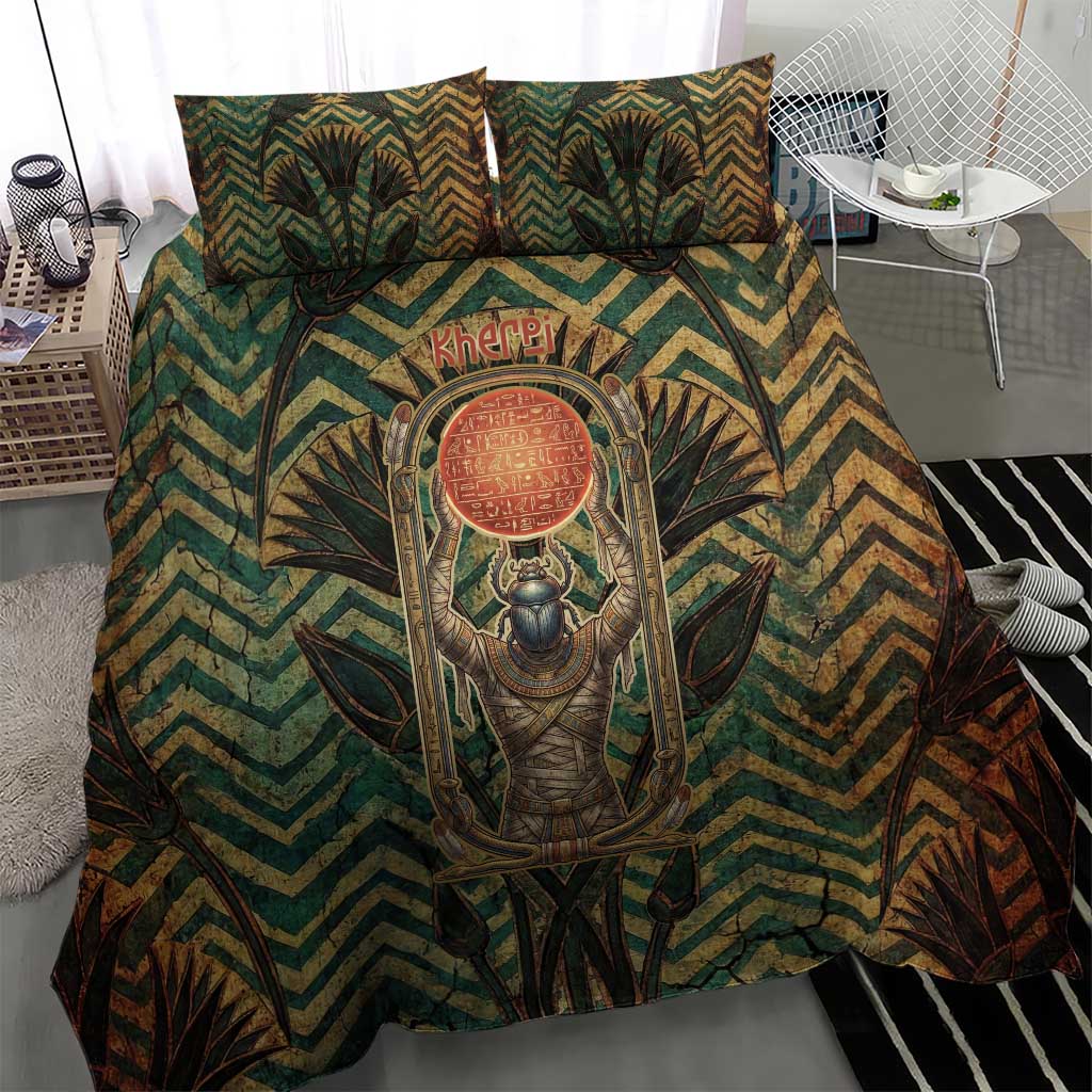 Khepri Bedding Set Ancient Egyptian Chevron, Scarab Ankh and Winged Khepri Guardian Motif - African Pride
