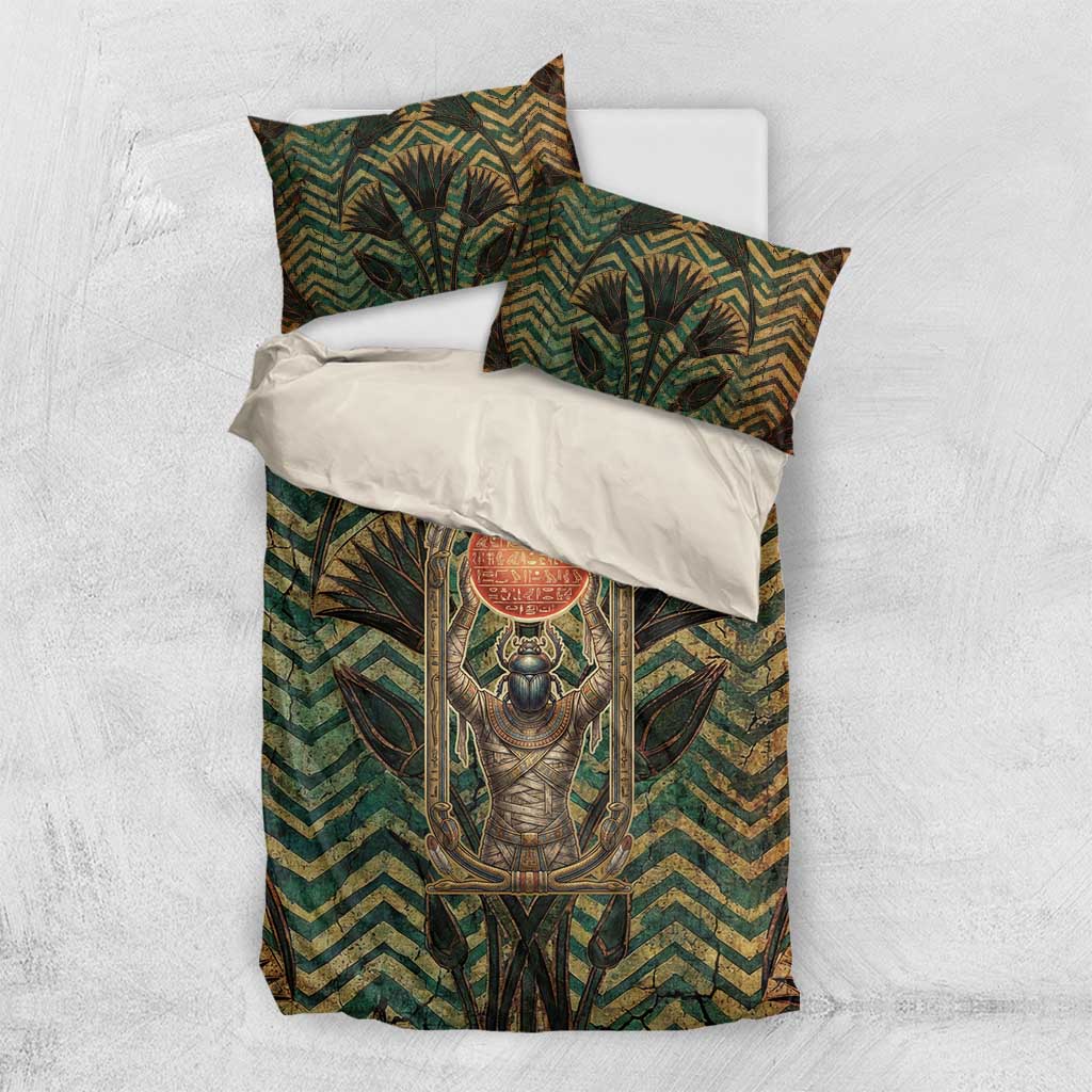 Khepri Bedding Set Ancient Egyptian Chevron, Scarab Ankh and Winged Khepri Guardian Motif - African Pride