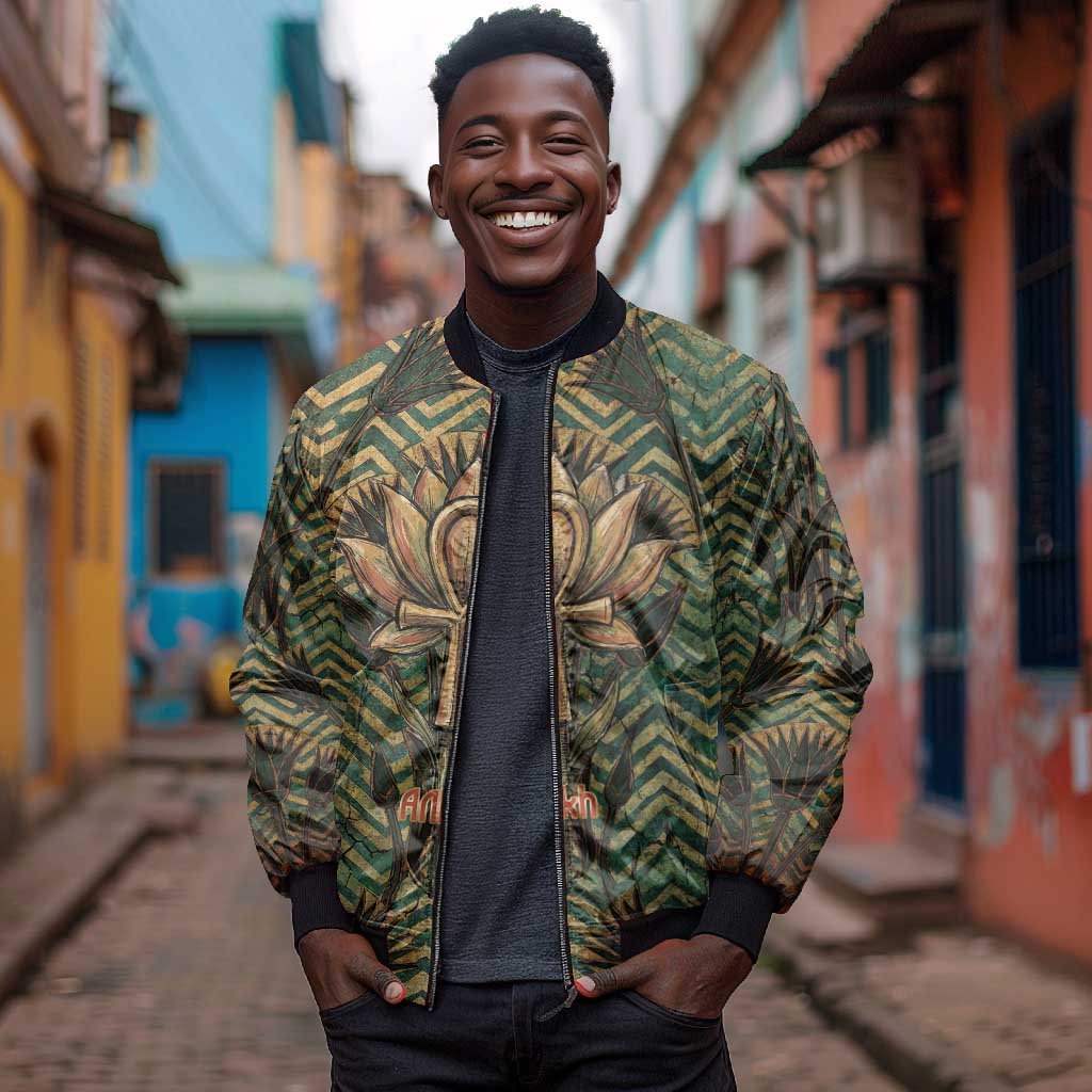 Khepri Bomber Jacket Ancient Egyptian Chevron, Scarab Ankh and Winged Khepri Guardian Motif - African Pride