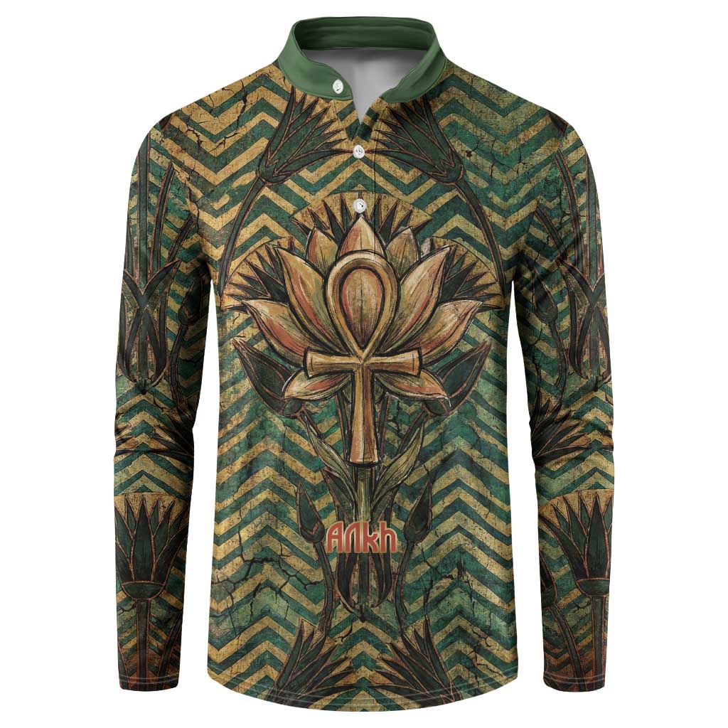 Khepri Button Sweatshirt Ancient Egyptian Chevron, Scarab Ankh and Winged Khepri Guardian Motif