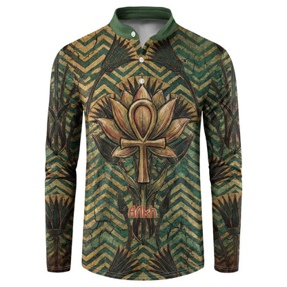 Khepri Button Sweatshirt Ancient Egyptian Chevron, Scarab Ankh and Winged Khepri Guardian Motif