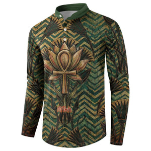 Khepri Button Sweatshirt Ancient Egyptian Chevron, Scarab Ankh and Winged Khepri Guardian Motif