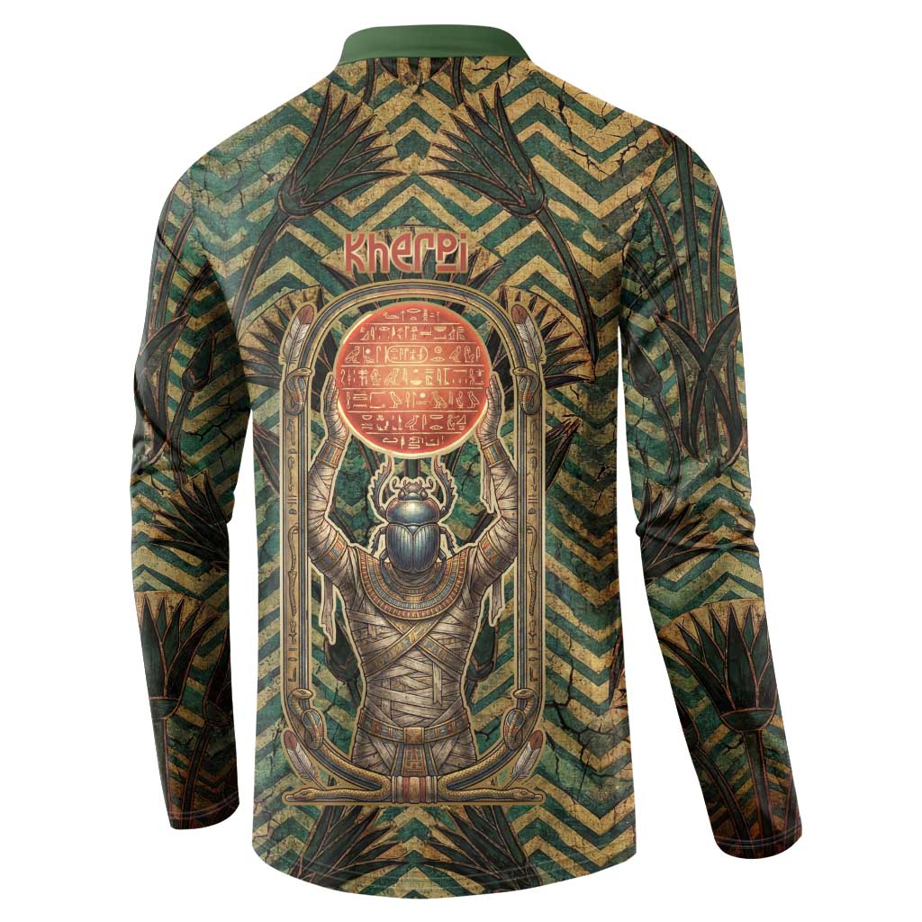 Khepri Button Sweatshirt Ancient Egyptian Chevron, Scarab Ankh and Winged Khepri Guardian Motif
