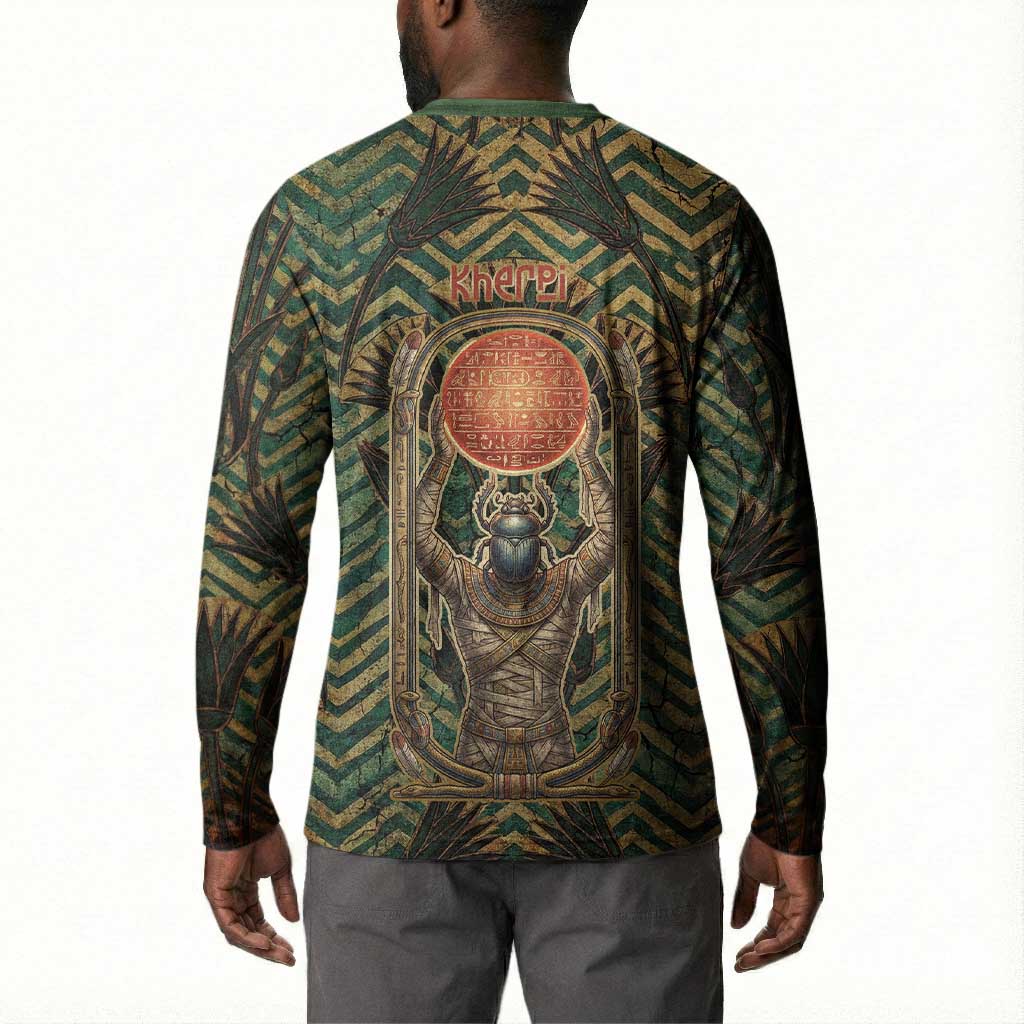 Khepri Button Sweatshirt Ancient Egyptian Chevron, Scarab Ankh and Winged Khepri Guardian Motif
