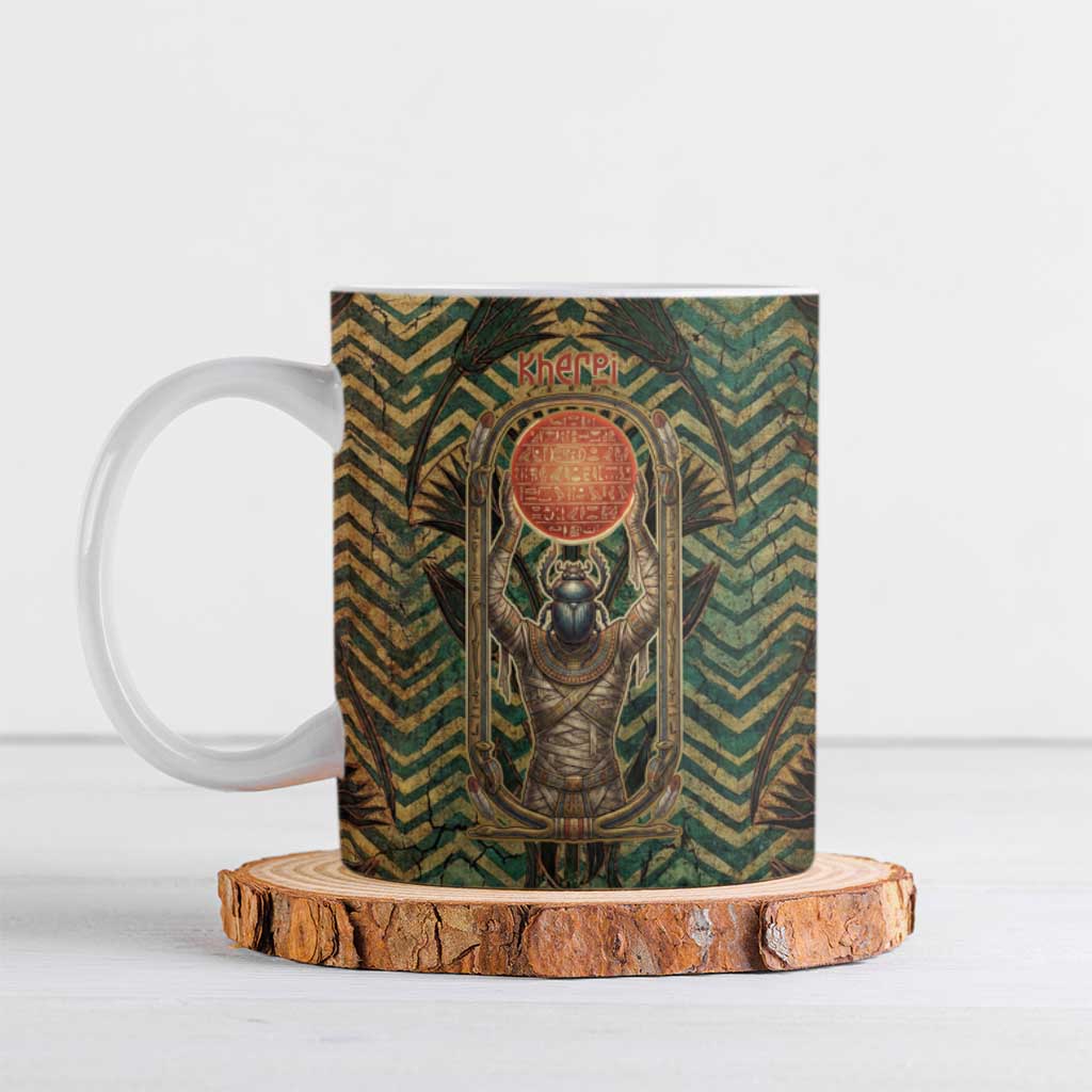Khepri Ceramic Mug Ancient Egyptian Chevron, Scarab Ankh and Winged Khepri Guardian Motif - African Pride