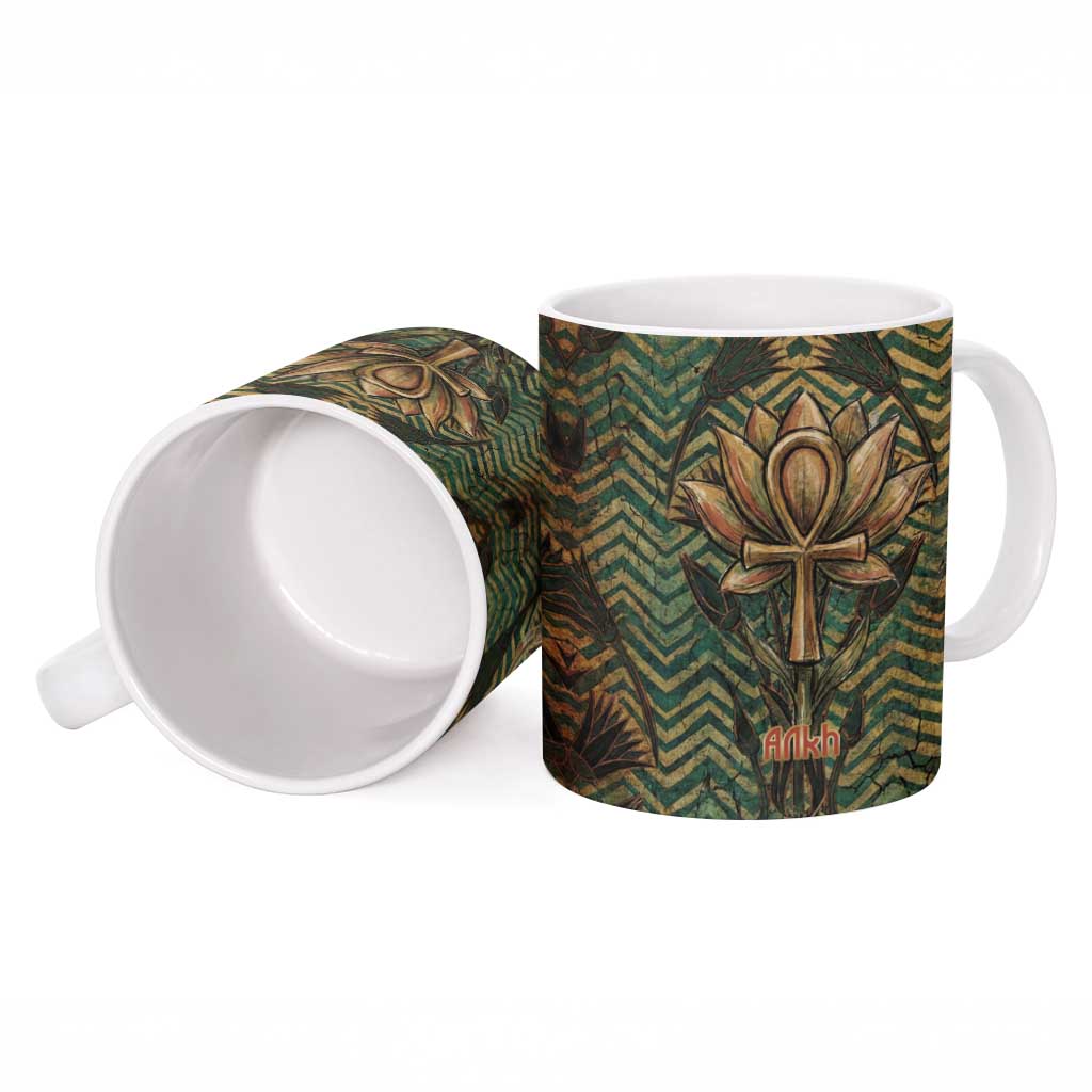 Khepri Ceramic Mug Ancient Egyptian Chevron, Scarab Ankh and Winged Khepri Guardian Motif - African Pride