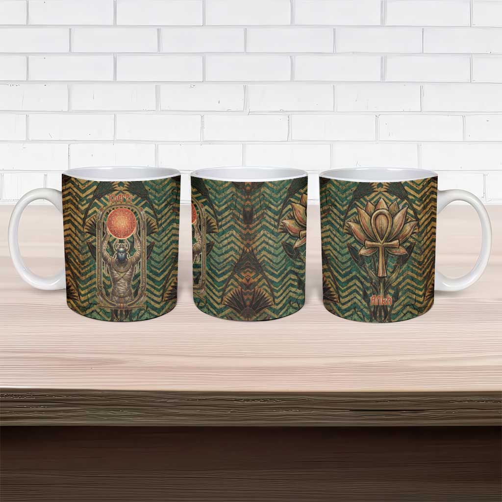 Khepri Ceramic Mug Ancient Egyptian Chevron, Scarab Ankh and Winged Khepri Guardian Motif - African Pride