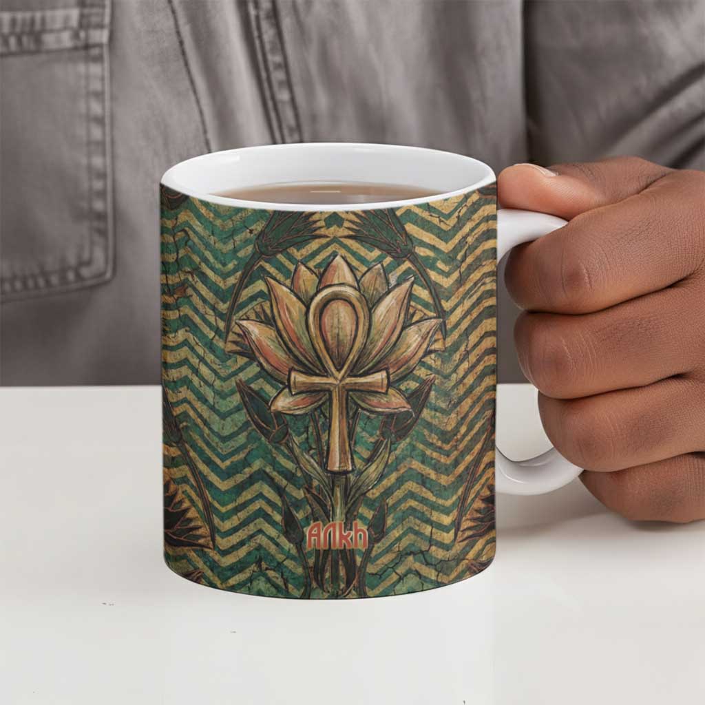 Khepri Ceramic Mug Ancient Egyptian Chevron, Scarab Ankh and Winged Khepri Guardian Motif - African Pride