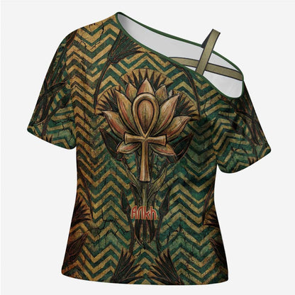 Khepri Cross Shoulder Shirt Ancient Egyptian Chevron, Scarab Ankh and Winged Khepri Guardian Motif - African Pride
