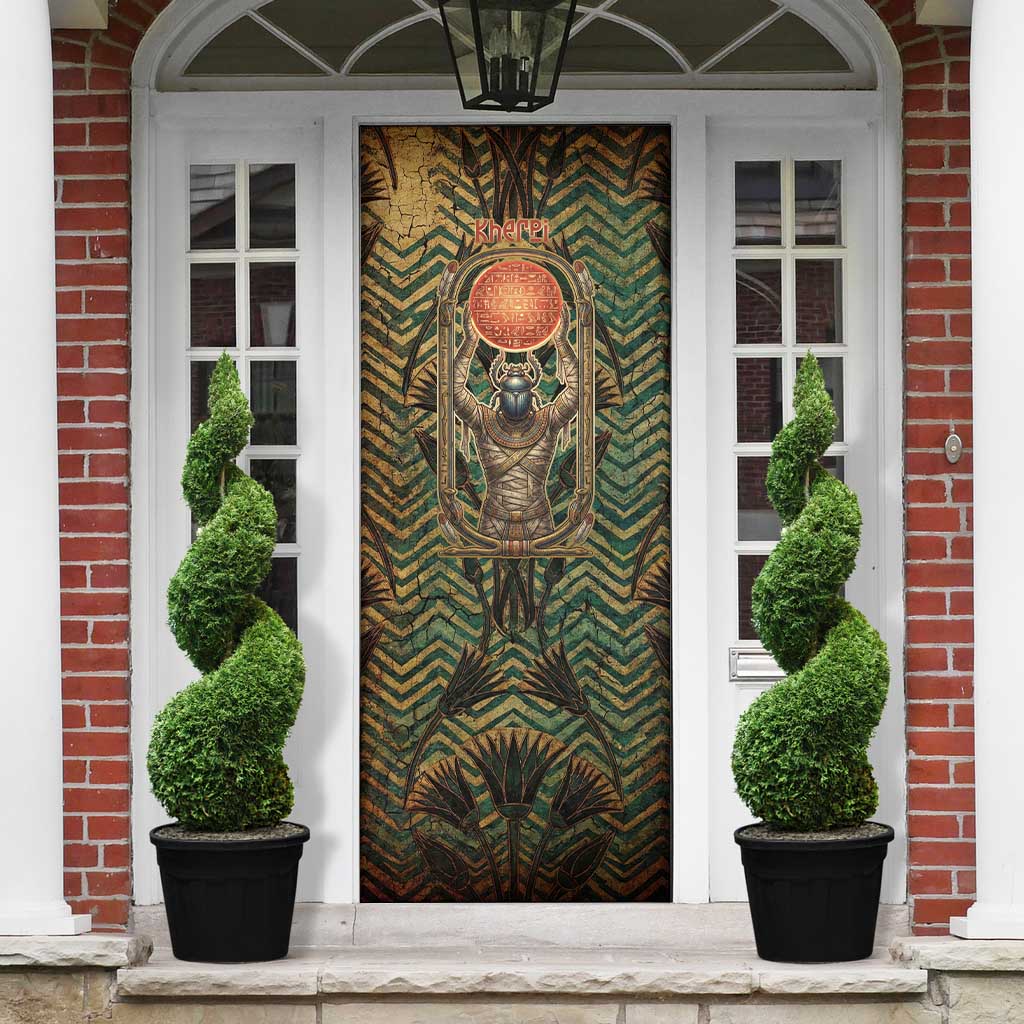 Khepri Door Cover Ancient Egyptian Chevron, Scarab Ankh and Winged Khepri Guardian Motif - African Pride