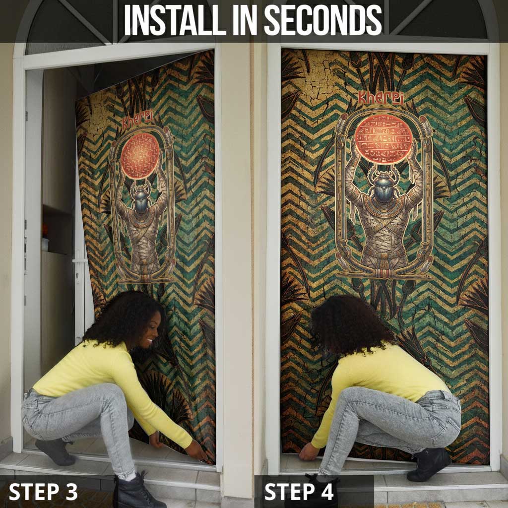 Khepri Door Cover Ancient Egyptian Chevron, Scarab Ankh and Winged Khepri Guardian Motif - African Pride