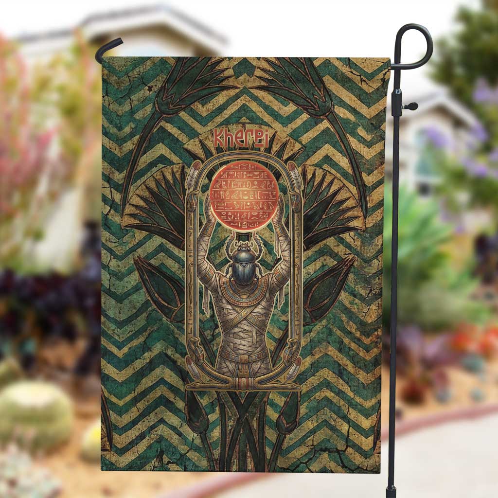 Khepri Garden Flag Ancient Egyptian Chevron, Scarab Ankh and Winged Khepri Guardian Motif - African Pride