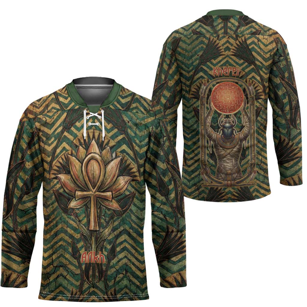 Khepri Hockey Jersey Ancient Egyptian Chevron, Scarab Ankh and Winged Khepri Guardian Motif - African Pride