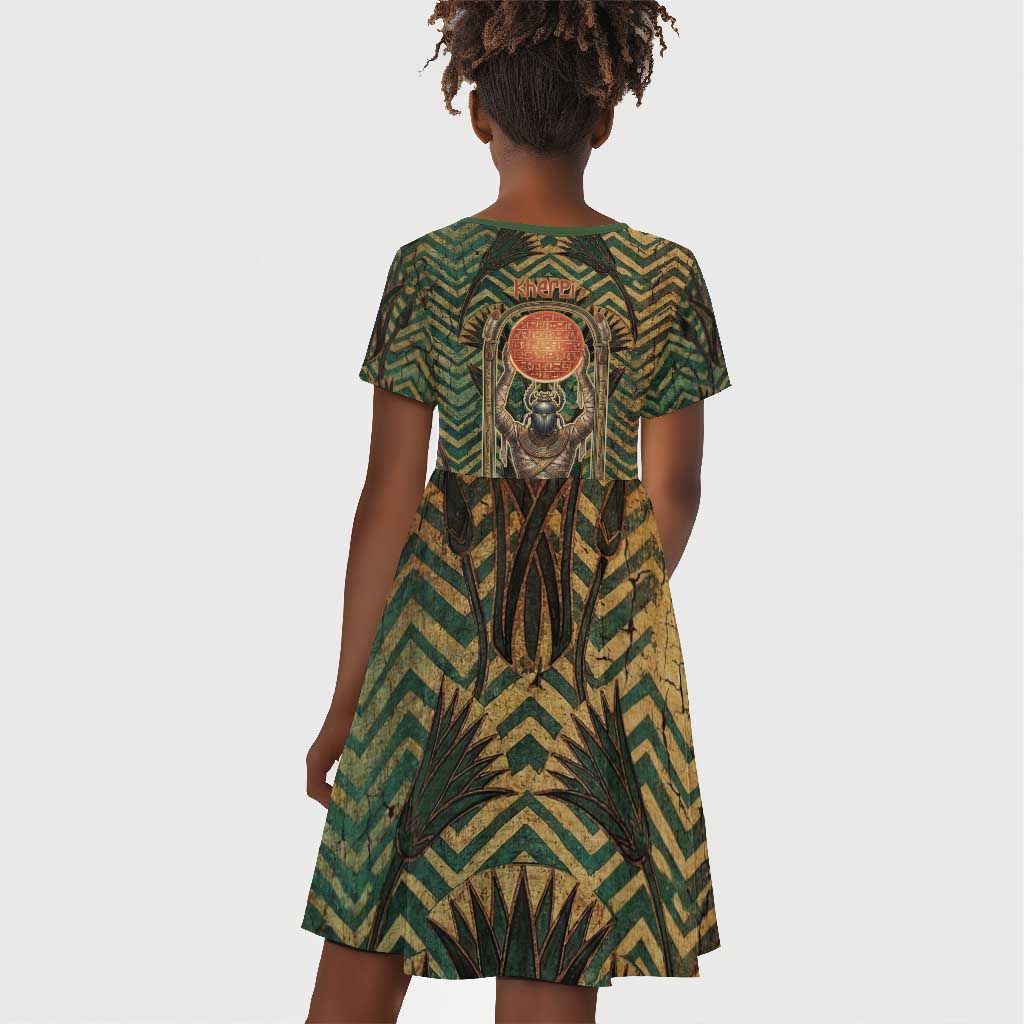 Khepri Kid Short Sleeve Dress Ancient Egyptian Chevron, Scarab Ankh and Winged Khepri Guardian Motif - African Pride