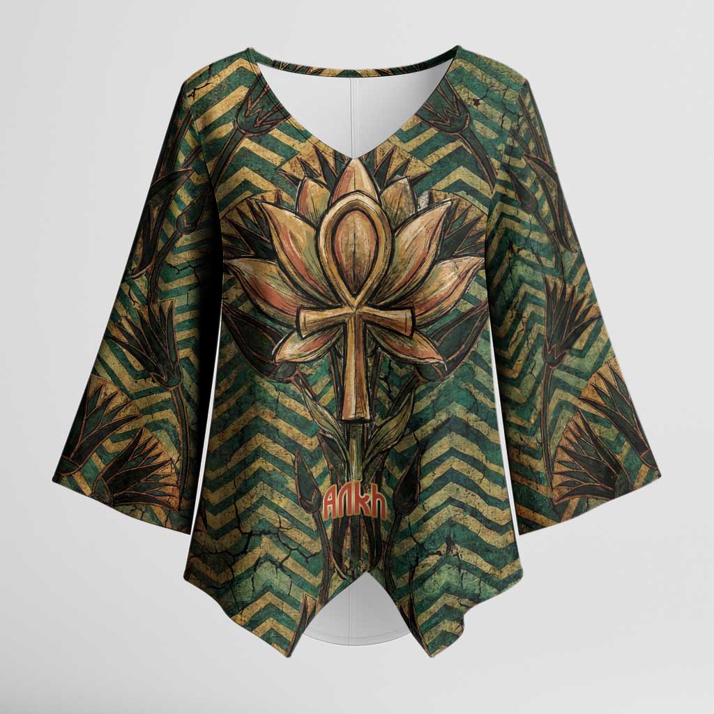 Khepri Kimono Sleeve Blouse Ancient Egyptian Chevron, Scarab Ankh and Winged Khepri Guardian Motif - African Pride