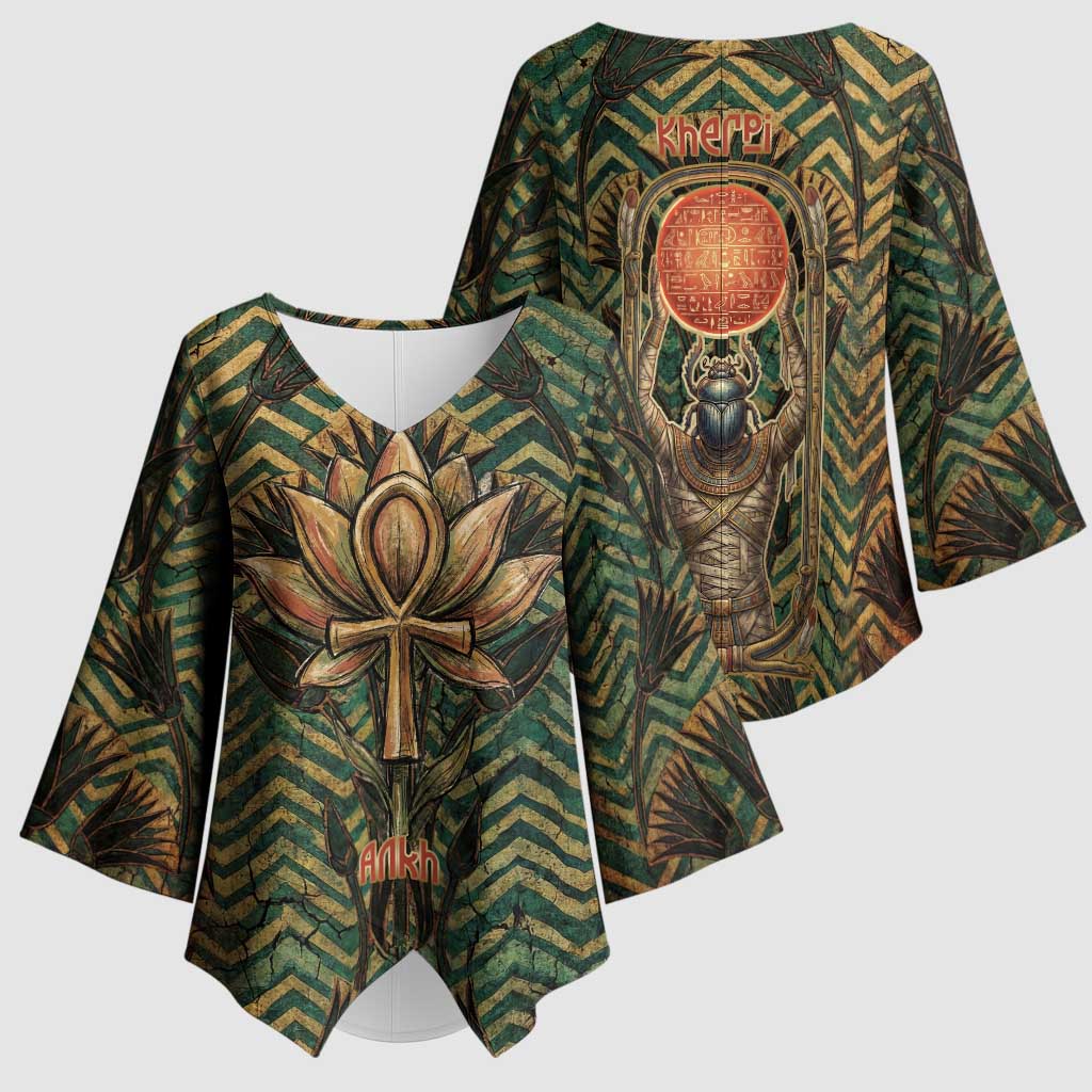 Khepri Kimono Sleeve Blouse Ancient Egyptian Chevron, Scarab Ankh and Winged Khepri Guardian Motif - African Pride