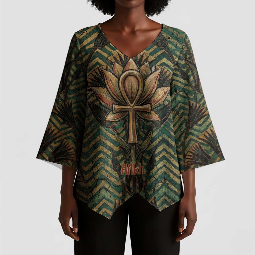 Khepri Kimono Sleeve Blouse Ancient Egyptian Chevron, Scarab Ankh and Winged Khepri Guardian Motif - African Pride