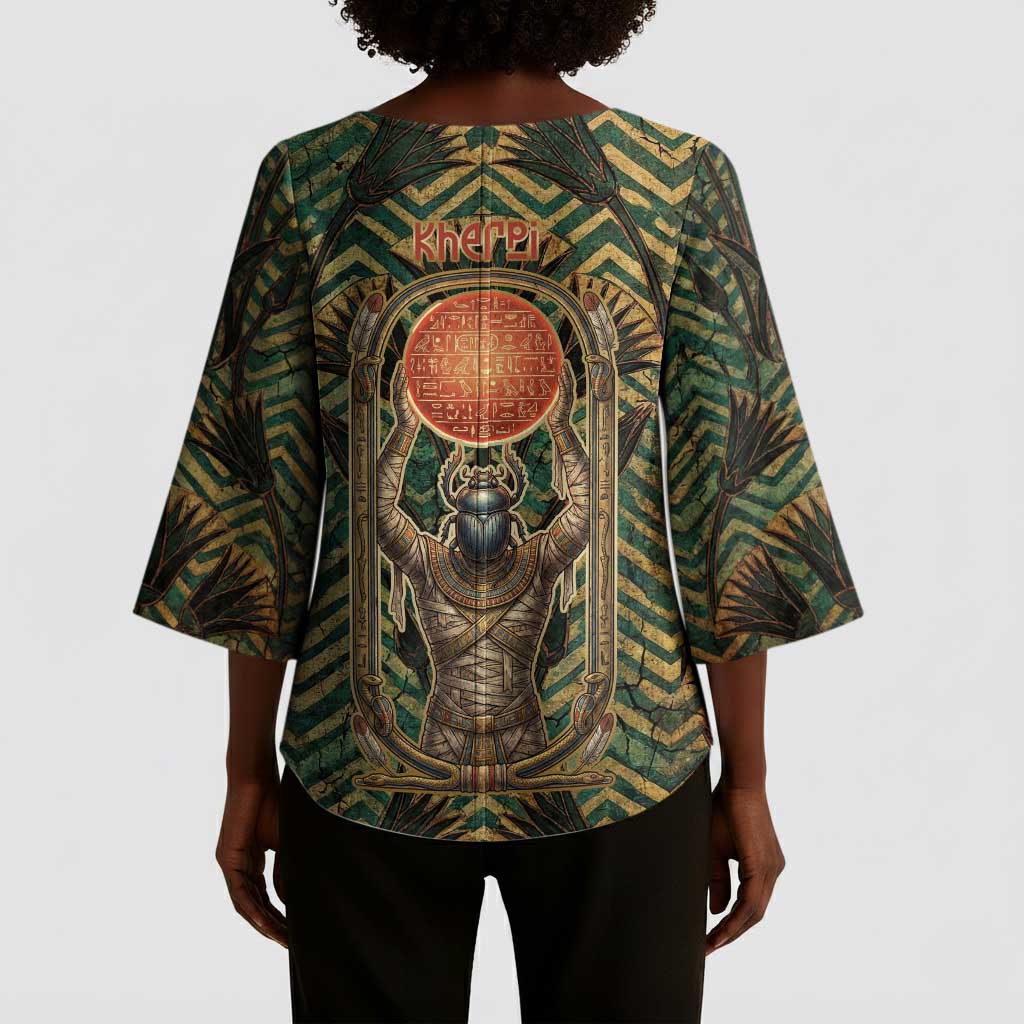 Khepri Kimono Sleeve Blouse Ancient Egyptian Chevron, Scarab Ankh and Winged Khepri Guardian Motif - African Pride