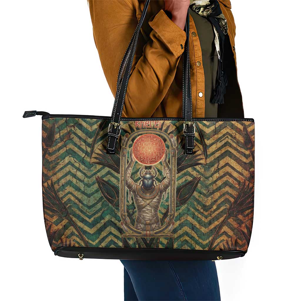 Khepri Leather Tote Bag Ancient Egyptian Chevron, Scarab Ankh and Winged Khepri Guardian Motif - African Pride