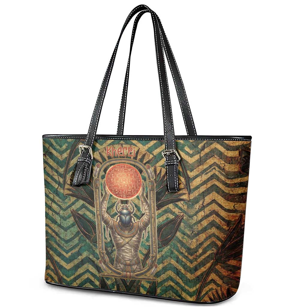 Khepri Leather Tote Bag Ancient Egyptian Chevron, Scarab Ankh and Winged Khepri Guardian Motif - African Pride