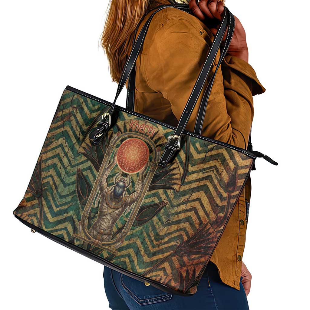 Khepri Leather Tote Bag Ancient Egyptian Chevron, Scarab Ankh and Winged Khepri Guardian Motif - African Pride