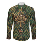 Khepri Long Sleeve Button Shirt Ancient Egyptian Chevron, Scarab Ankh and Winged Khepri Guardian Motif - African Pride