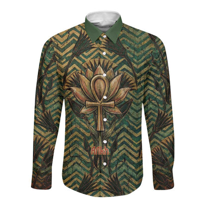 Khepri Long Sleeve Button Shirt Ancient Egyptian Chevron, Scarab Ankh and Winged Khepri Guardian Motif - African Pride