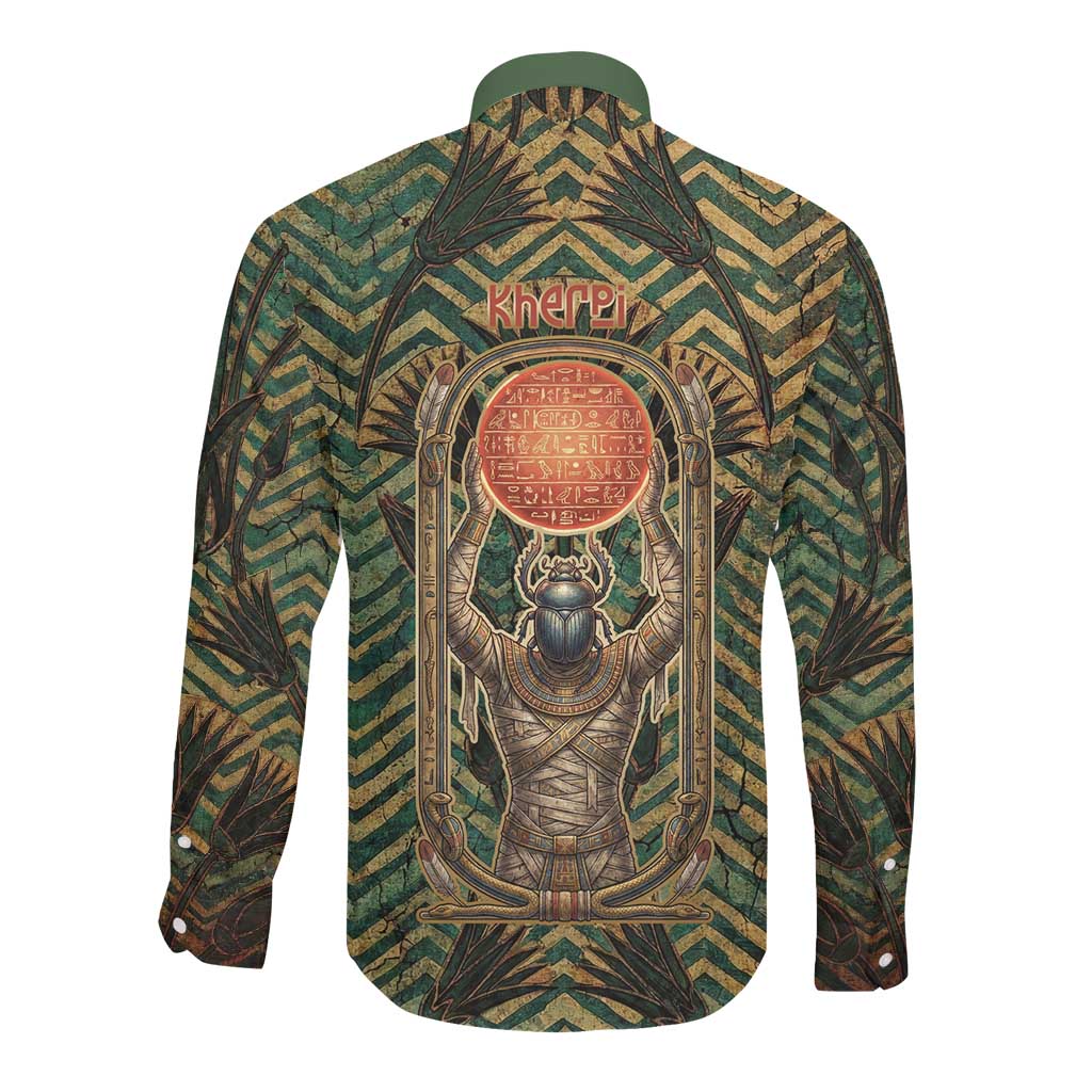 Khepri Long Sleeve Button Shirt Ancient Egyptian Chevron, Scarab Ankh and Winged Khepri Guardian Motif - African Pride