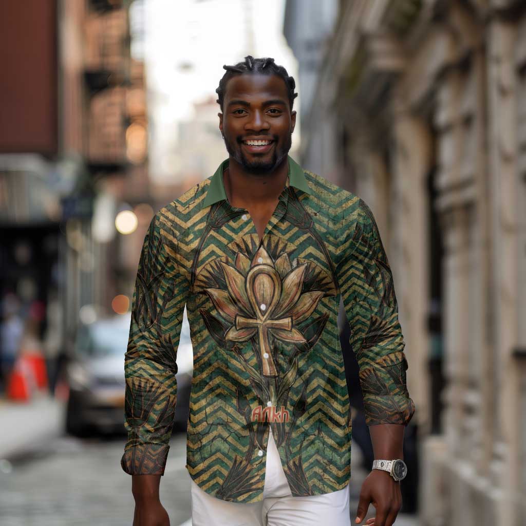 Khepri Long Sleeve Button Shirt Ancient Egyptian Chevron, Scarab Ankh and Winged Khepri Guardian Motif - African Pride