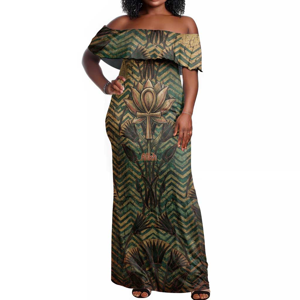 Khepri Off Shoulder Maxi Dress Ancient Egyptian Chevron, Scarab Ankh and Winged Khepri Guardian Motif - African Pride