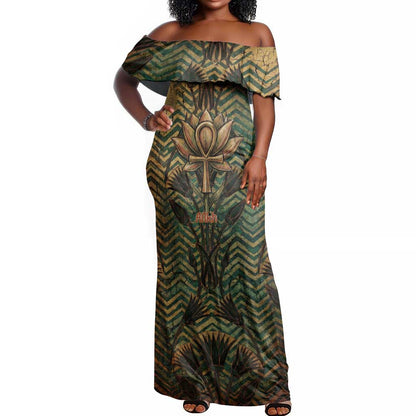 Khepri Off Shoulder Maxi Dress Ancient Egyptian Chevron, Scarab Ankh and Winged Khepri Guardian Motif - African Pride