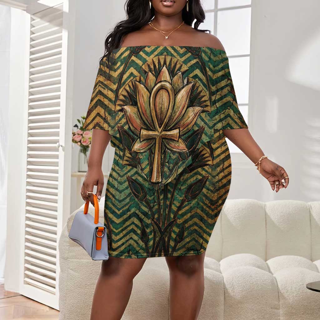 Khepri Off Shoulder Short Dress Ancient Egyptian Chevron, Scarab Ankh and Winged Khepri Guardian Motif - African Pride