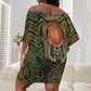 Khepri Off Shoulder Short Dress Ancient Egyptian Chevron, Scarab Ankh and Winged Khepri Guardian Motif - African Pride
