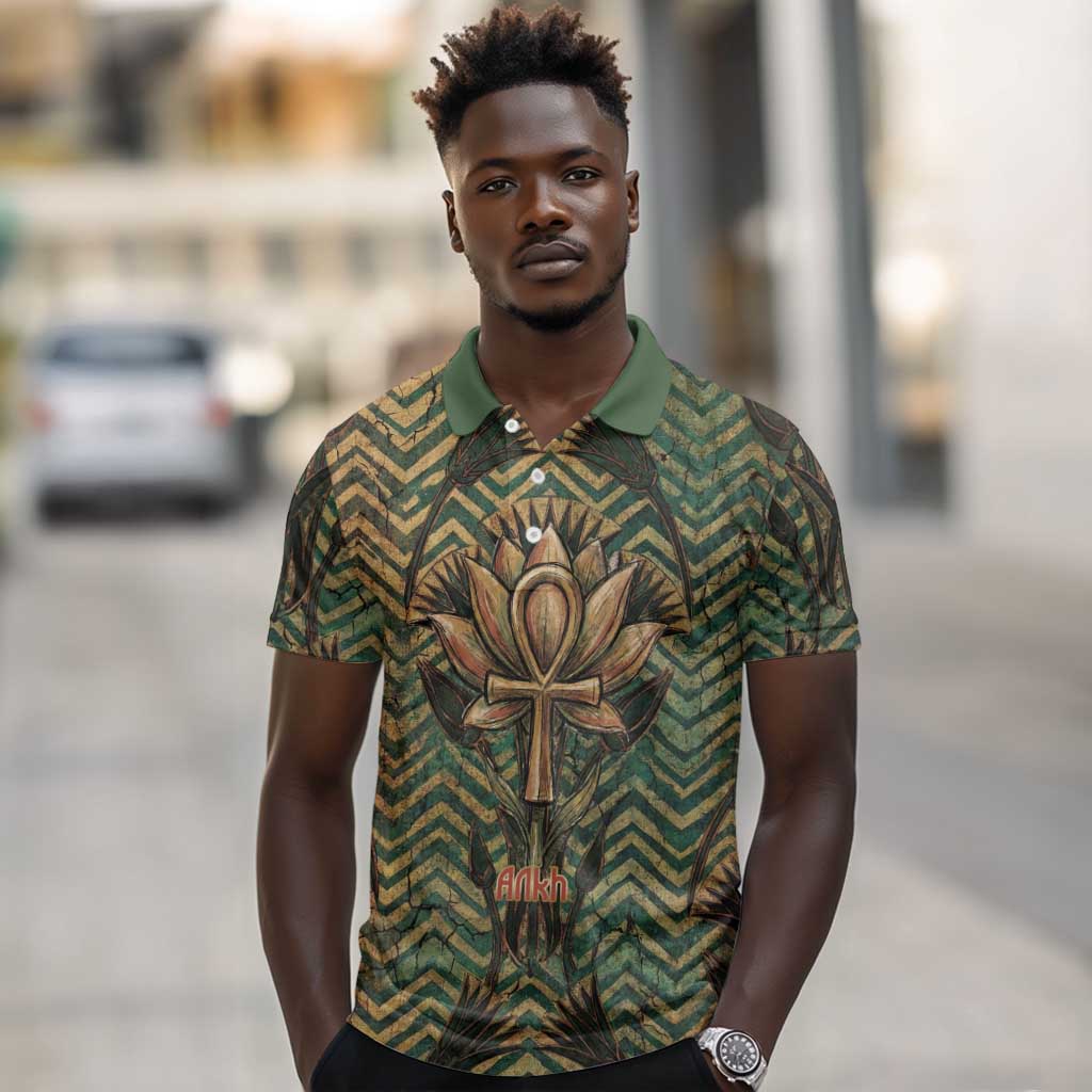 Khepri Polo Shirt Ancient Egyptian Chevron, Scarab Ankh and Winged Khepri Guardian Motif - African Pride