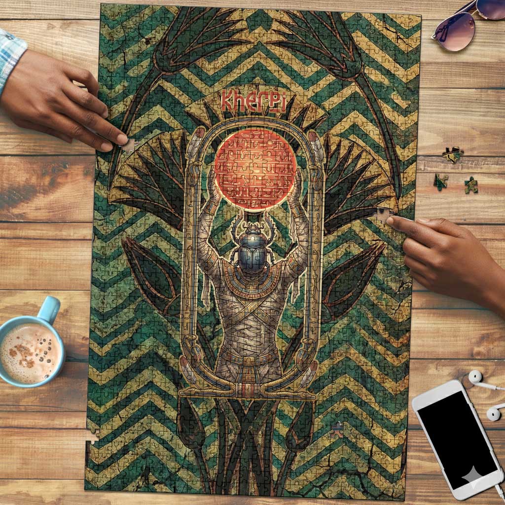 Khepri Puzzle Ancient Egyptian Chevron, Scarab Ankh and Winged Khepri Guardian Motif - African Pride