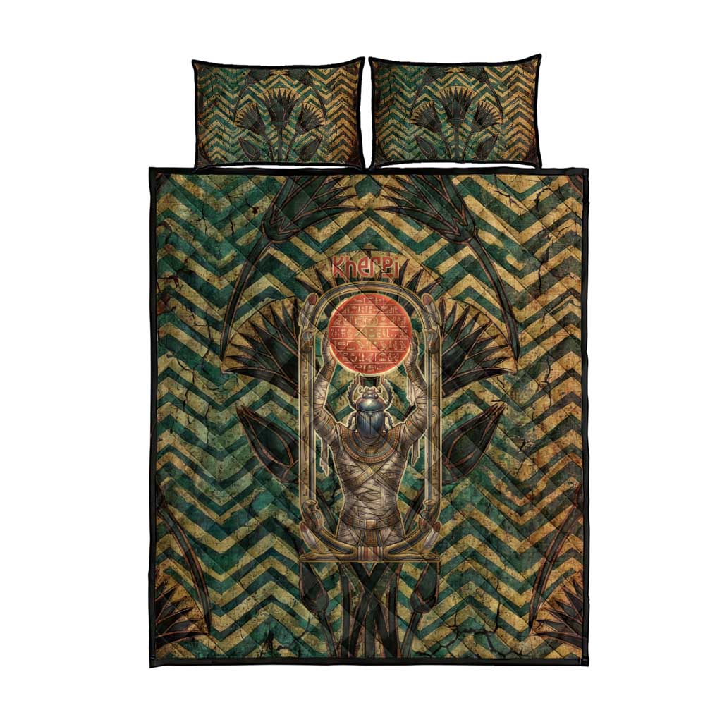 Khepri Quilt Bed Set Ancient Egyptian Chevron, Scarab Ankh and Winged Khepri Guardian Motif - African Pride