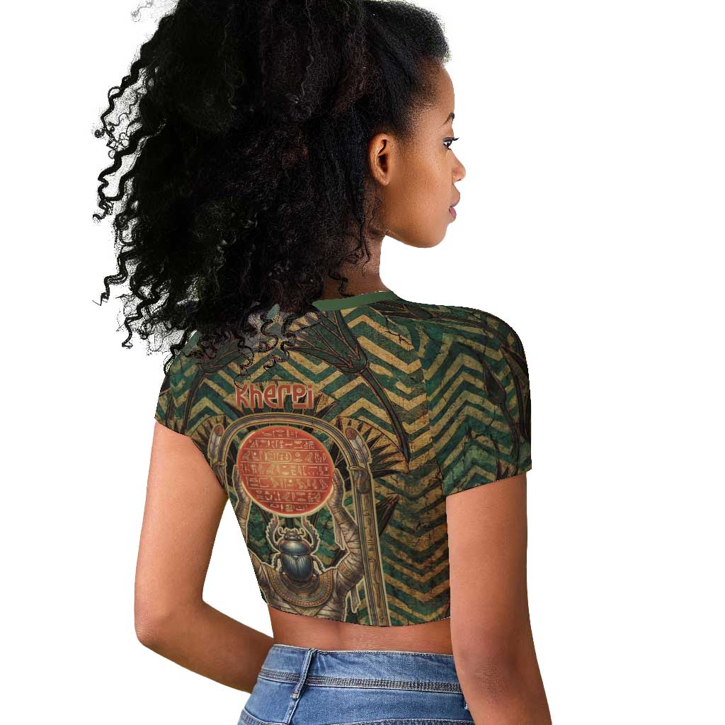 Khepri Raglan Cropped T shirt Ancient Egyptian Chevron, Scarab Ankh and Winged Khepri Guardian Motif - African Pride