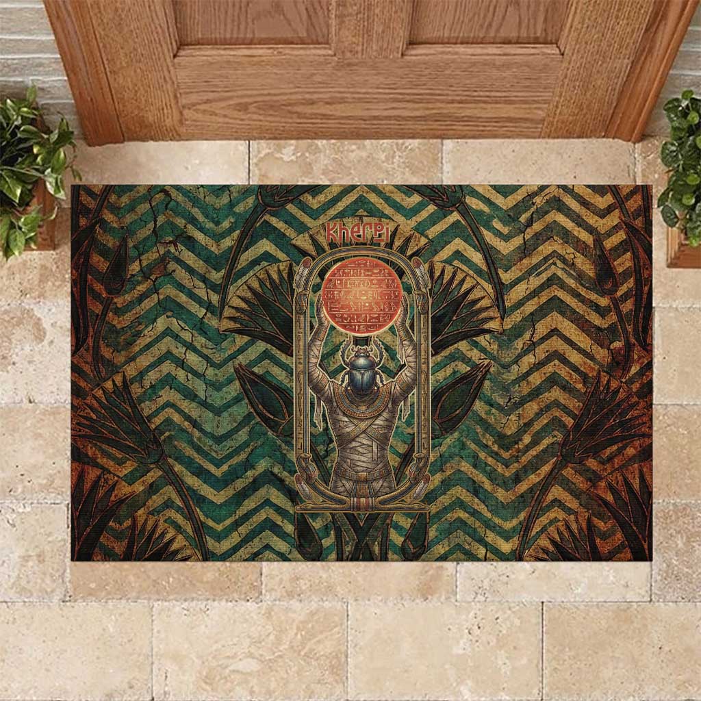 Khepri Rubber Doormat Ancient Egyptian Chevron, Scarab Ankh and Winged Khepri Guardian Motif - African Pride