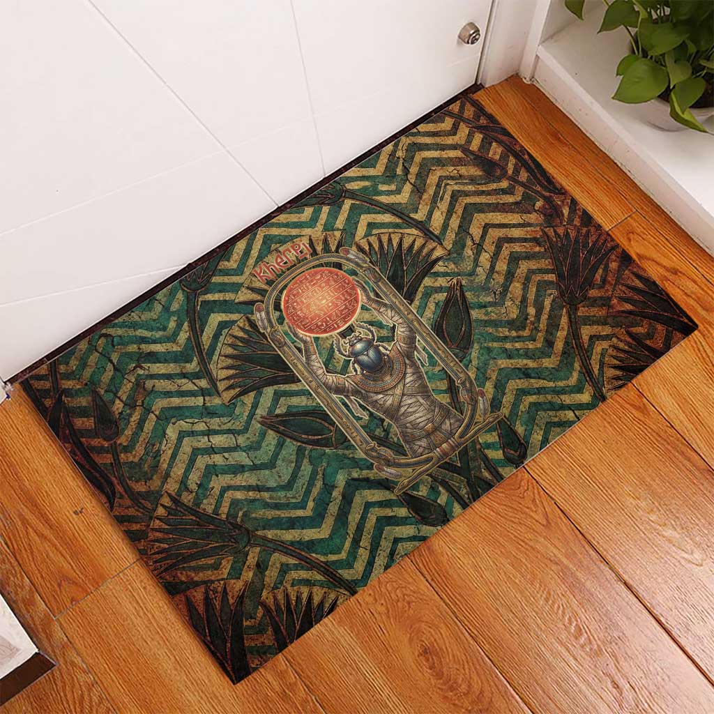 Khepri Rubber Doormat Ancient Egyptian Chevron, Scarab Ankh and Winged Khepri Guardian Motif - African Pride