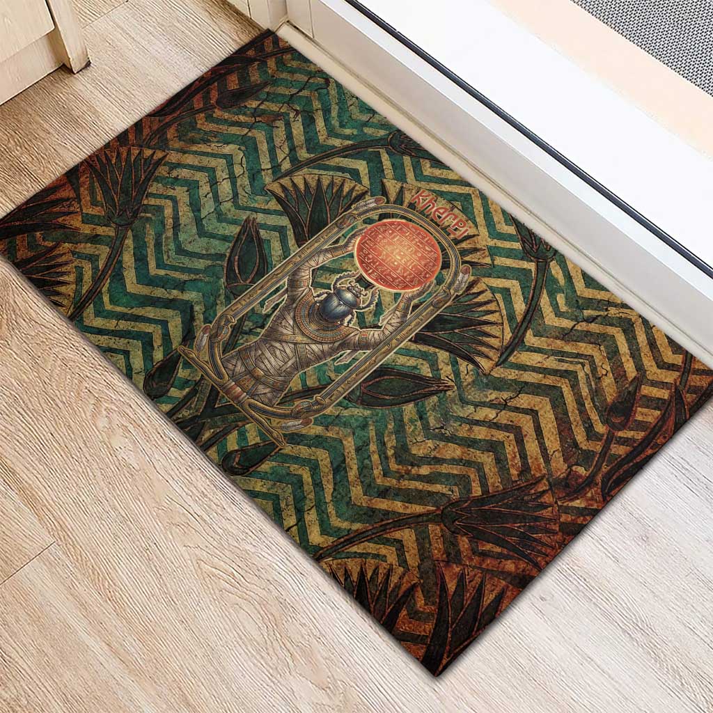 Khepri Rubber Doormat Ancient Egyptian Chevron, Scarab Ankh and Winged Khepri Guardian Motif - African Pride