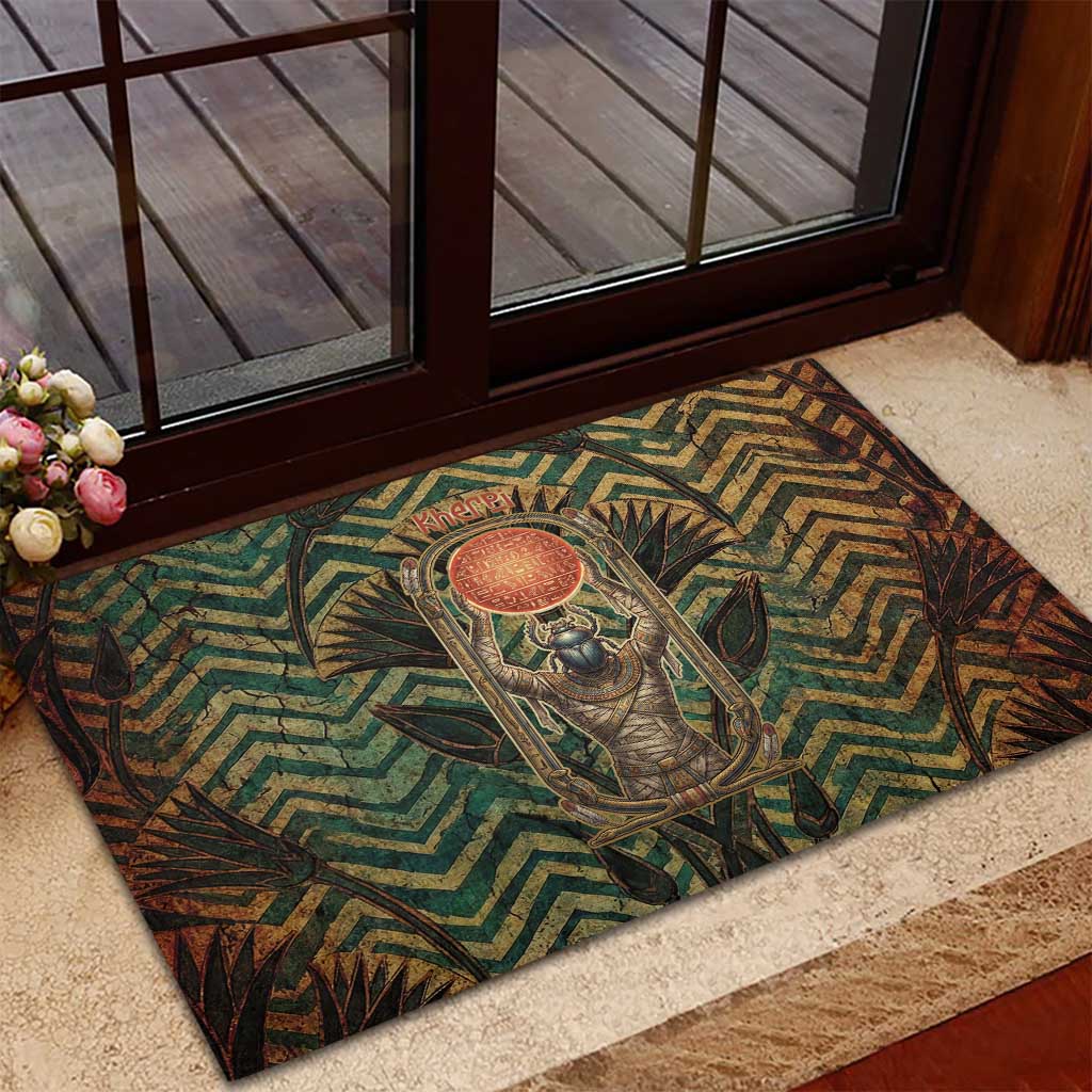 Khepri Rubber Doormat Ancient Egyptian Chevron, Scarab Ankh and Winged Khepri Guardian Motif - African Pride