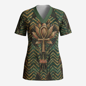 Khepri Scrub Top Ancient Egyptian Chevron, Scarab Ankh and Winged Khepri Guardian Motif - African Pride