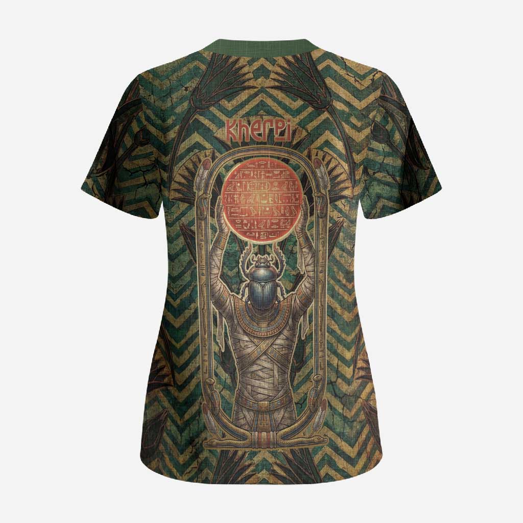 Khepri Scrub Top Ancient Egyptian Chevron, Scarab Ankh and Winged Khepri Guardian Motif - African Pride