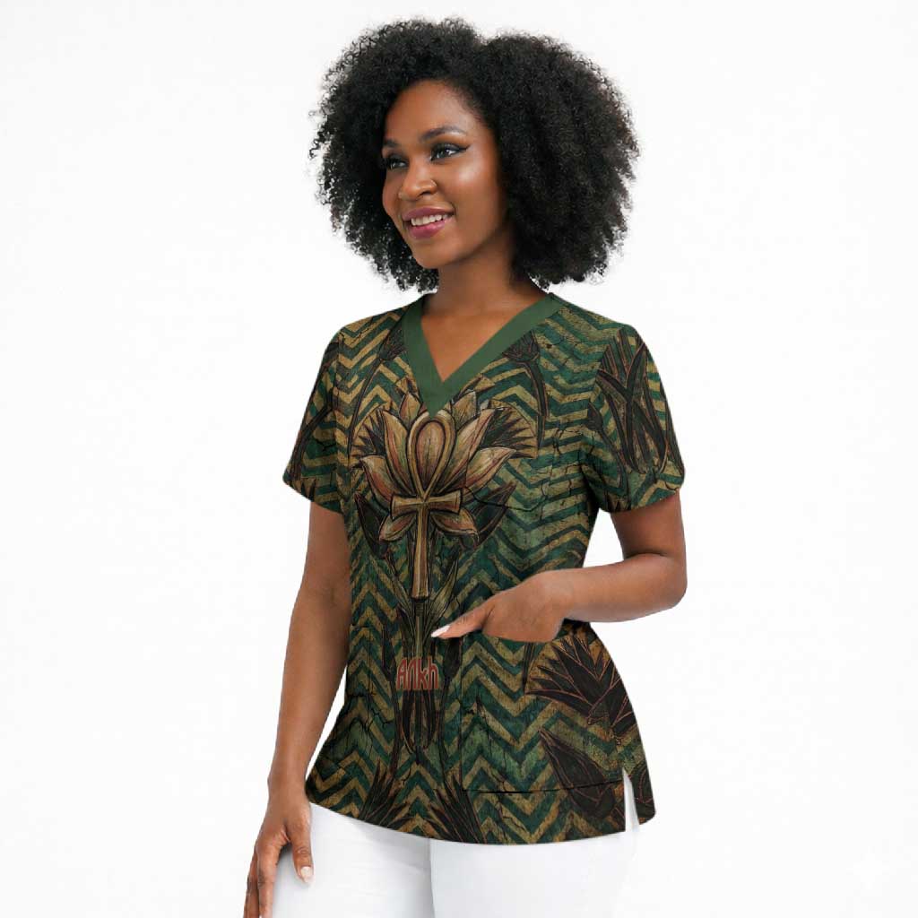 Khepri Scrub Top Ancient Egyptian Chevron, Scarab Ankh and Winged Khepri Guardian Motif - African Pride