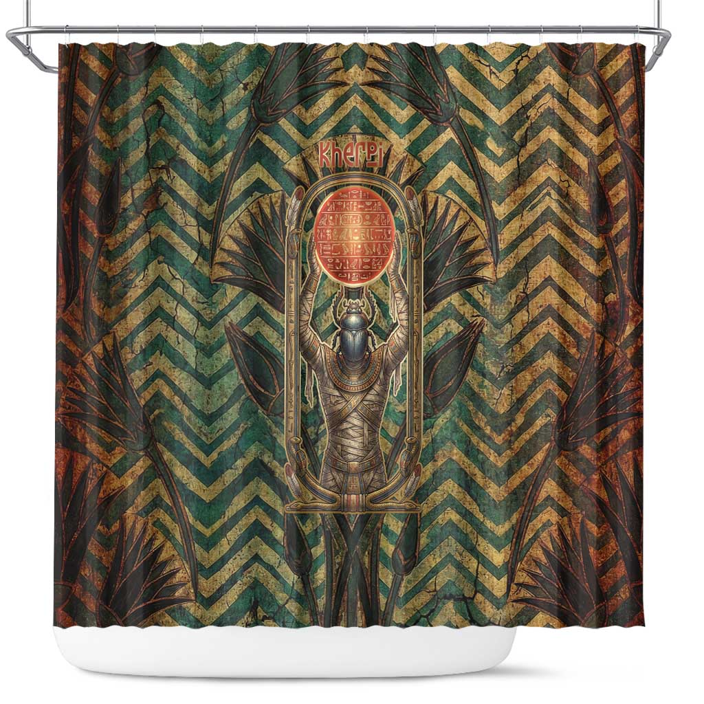 Khepri Shower Curtain Ancient Egyptian Chevron, Scarab Ankh and Winged Khepri Guardian Motif - African Pride