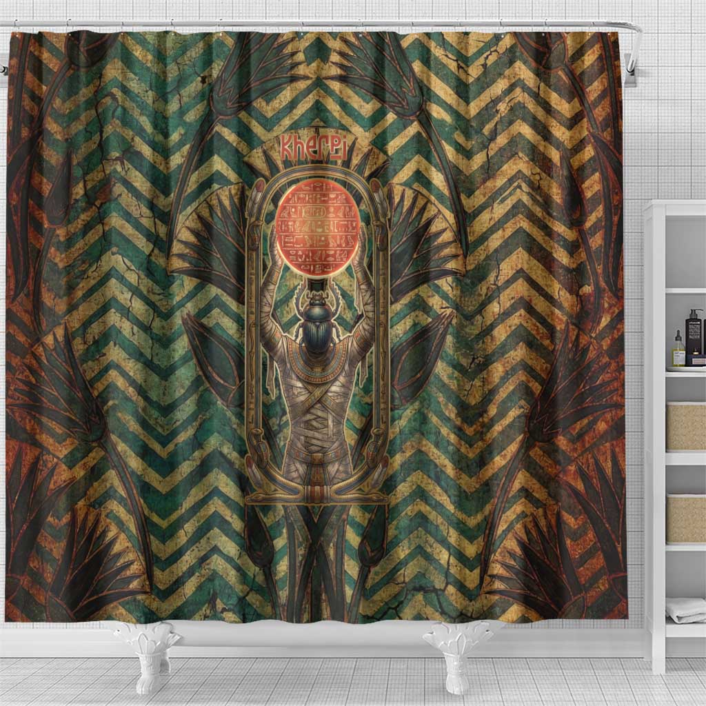 Khepri Shower Curtain Ancient Egyptian Chevron, Scarab Ankh and Winged Khepri Guardian Motif - African Pride