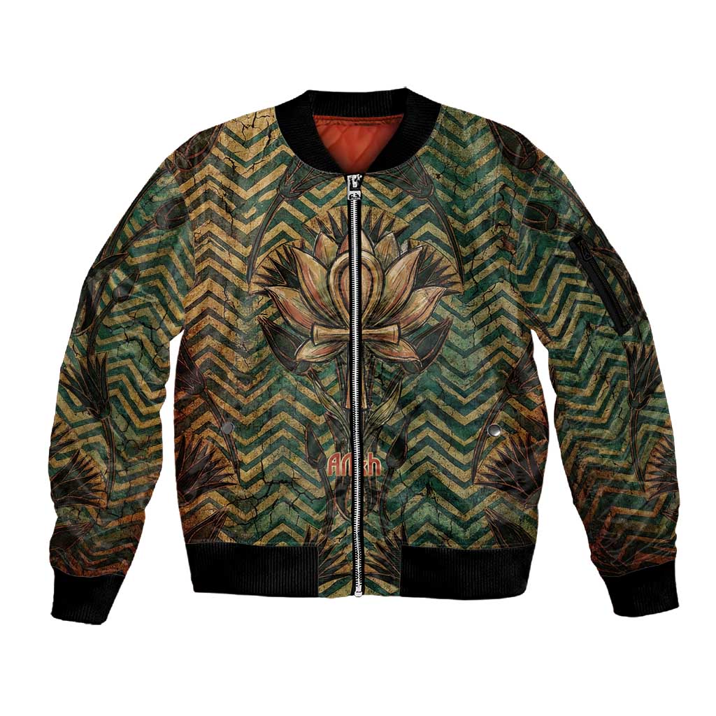 Khepri Sleeve Zip Bomber Jacket Ancient Egyptian Chevron, Scarab Ankh and Winged Khepri Guardian Motif - African Pride