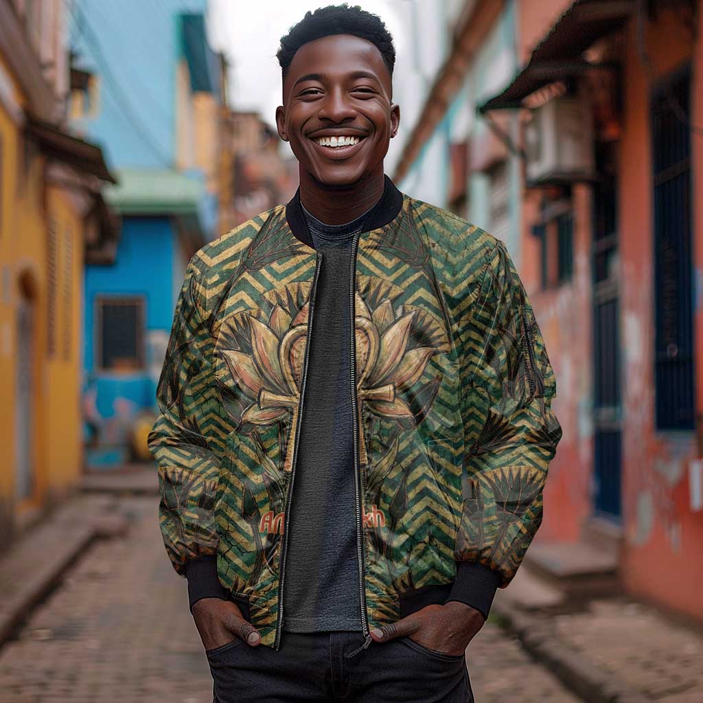 Khepri Sleeve Zip Bomber Jacket Ancient Egyptian Chevron, Scarab Ankh and Winged Khepri Guardian Motif - African Pride
