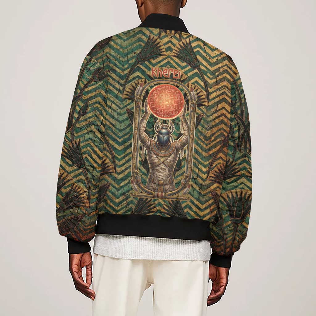 Khepri Sleeve Zip Bomber Jacket Ancient Egyptian Chevron, Scarab Ankh and Winged Khepri Guardian Motif - African Pride